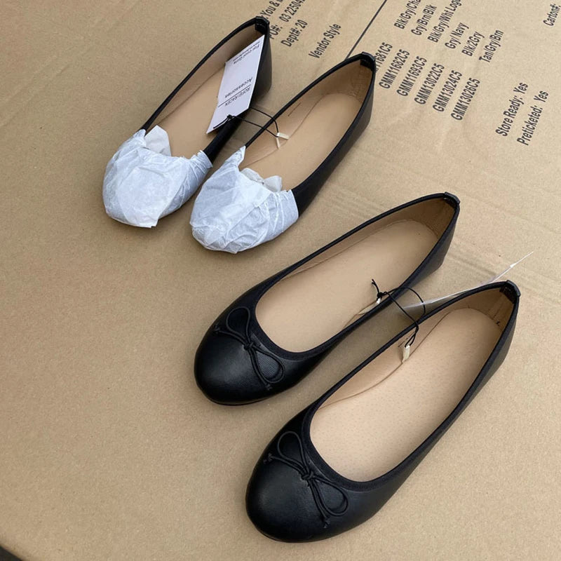 Aneikeh Spring Autumn Elegant Bowknot Ballerina Flat Women's Round Toe Comfort Slip-On Loafers Black Leather Mules Ladies Shoes Pi-Mart