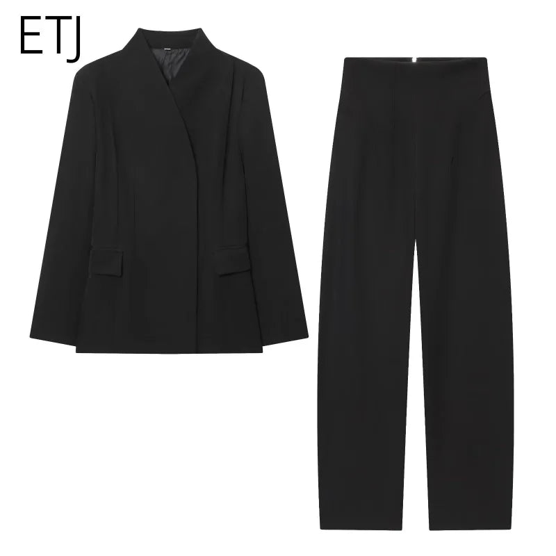 ETJ 2025 women's new fashion design three-dimensional cut high collar slim suit jacket & matching casual trousers LadyShow.Store
