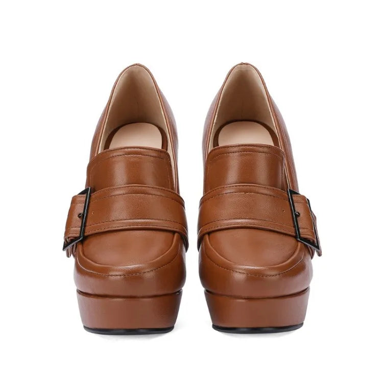 Round Toe High Heel Belt Buckle Women Single Shoes 2024 New Black Brown Spring  Autumn Waterproof Platform High Heels Size 34-43 Pi-Mart