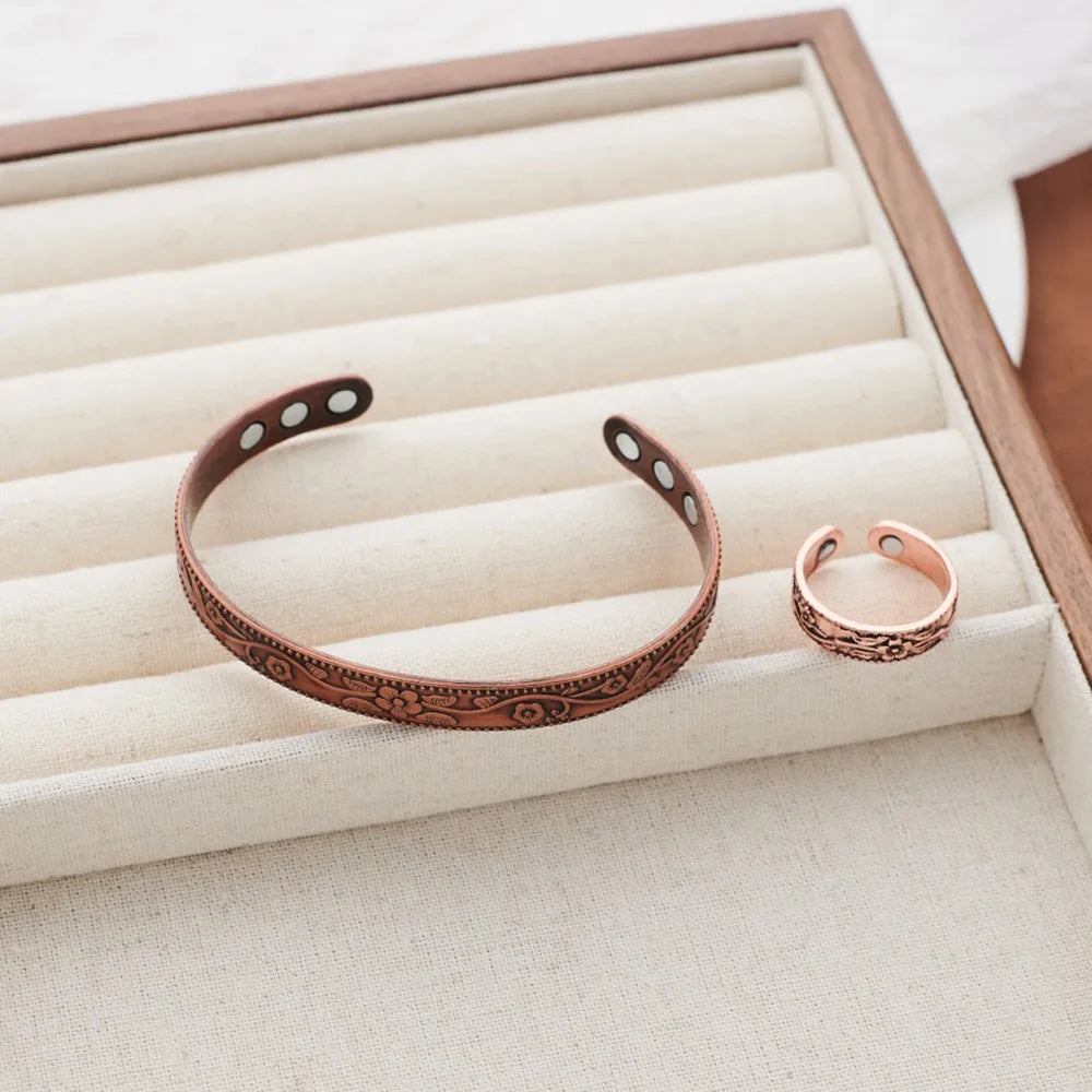 Magnetic Bracelet Retro Flower Ring Bracelet Set Adjustable Men's and Women's Plated Ancient Red Copper Magnetic Bracelet Pi-Mart