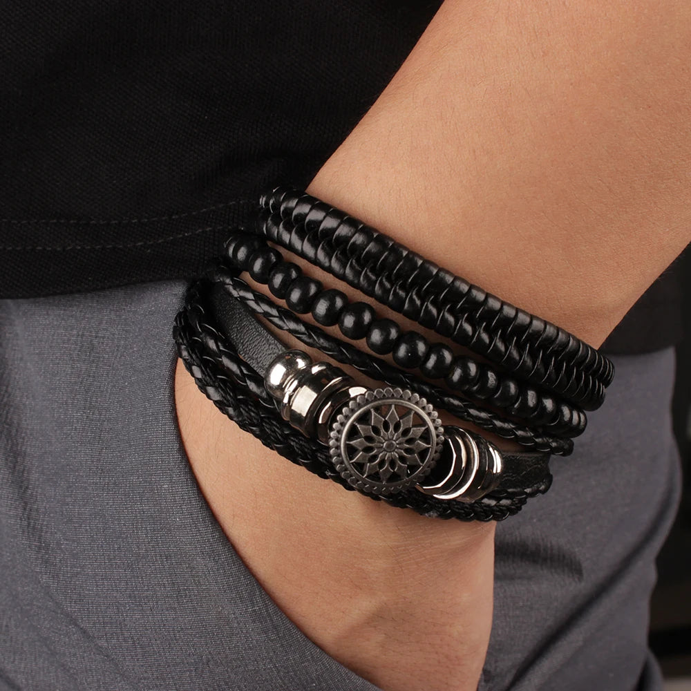 4Pcs/ Set Braided Wrap Leather Bracelets for Men Vintage Life Tree Rudder Charm Wood Beads Ethnic Tribal Wristband Rope Bracelet Pi-Mart