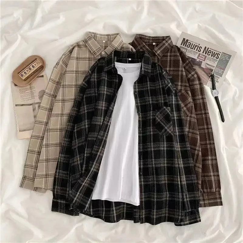 Plaid shirt women long sleeve retro port taste loose size women Korean version of the spring wear student jacket LadyShow.Store