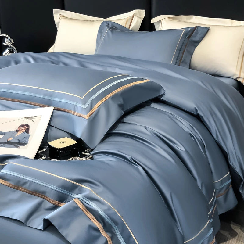 Hotel Style Bedding Set Luxury Golden Embroidery Duvet Cover Grey Egyptian Cotton Bed Sheets Pillowcases Solid Color Bedclothes Pi-Mart