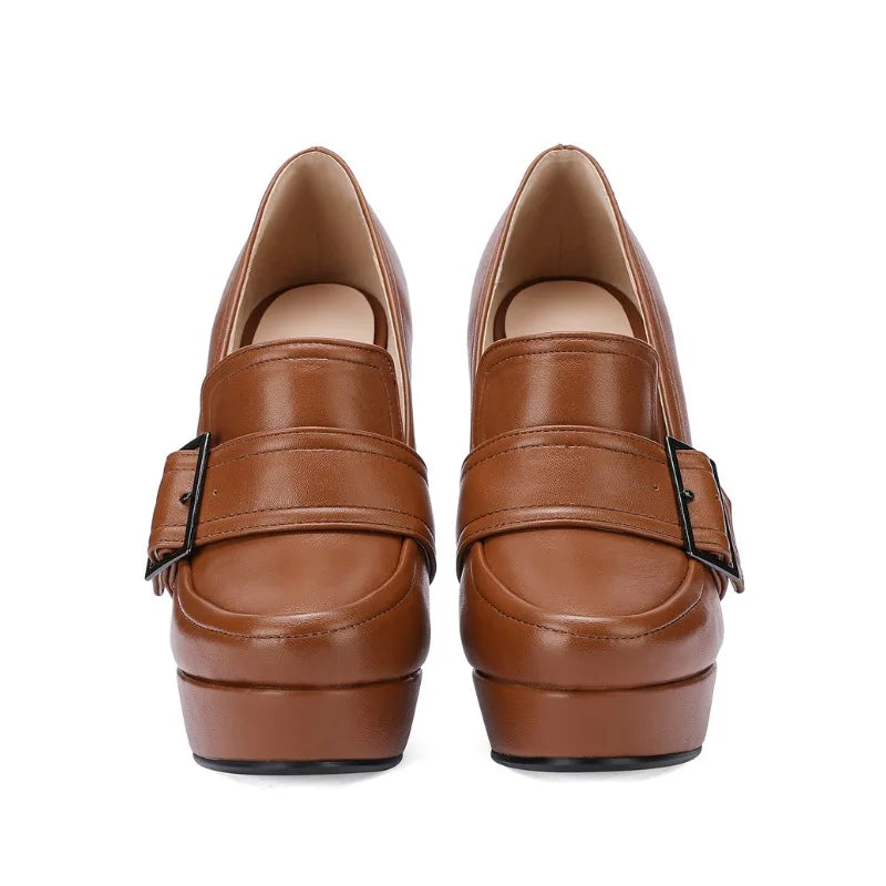 Round Toe High Heel Belt Buckle Women Single Shoes 2024 New Black Brown Spring  Autumn Waterproof Platform High Heels Size 34-43 Pi-Mart