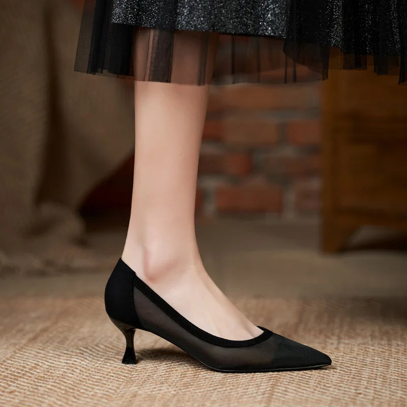 maogu Black Women Pointed Toe High Heel Work Shoes Dot Mesh Vintage Elegant Shallow Stiletto 2023 Spring Summer Thin Heels Pumps LadyShow.Store