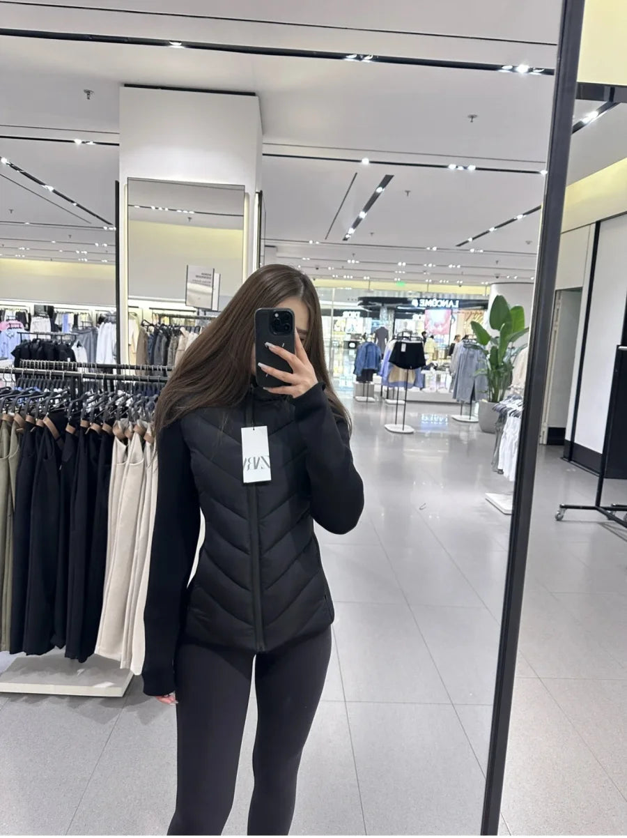 ETJ 2025 new  women's elegant fashion patchwork long sleeve standing collar hooded cotton jacket sport coat 8073227 Pi-Mart