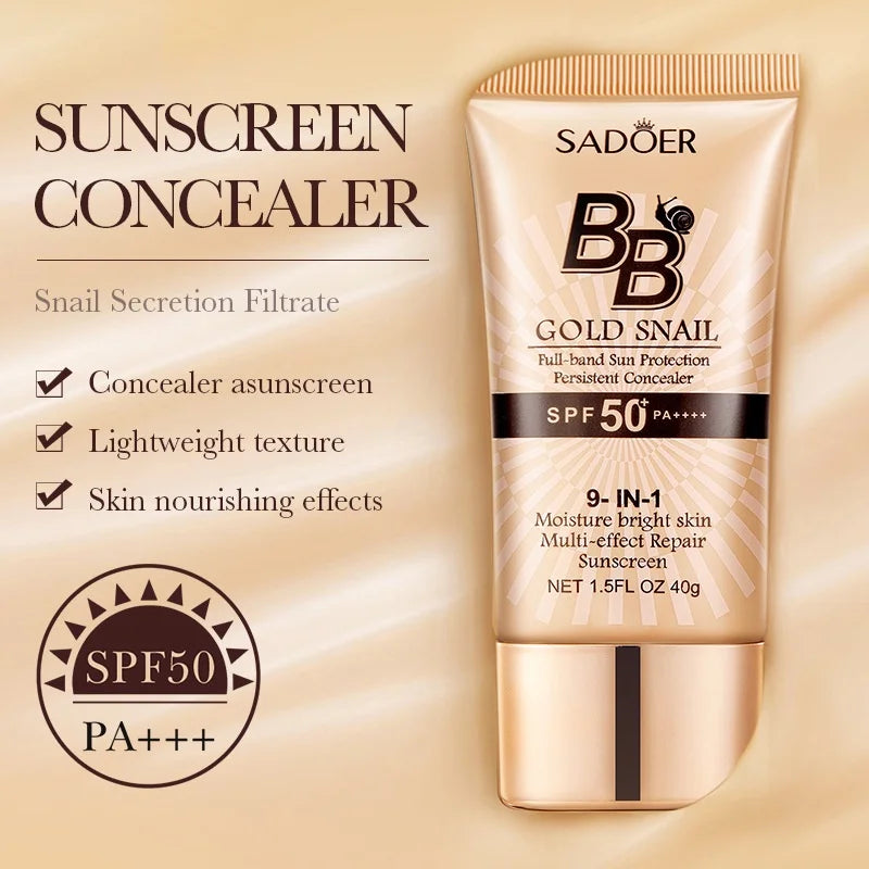 SADOER Gold Snail Sunscreen BB Cream Foundation Concealer Moisturizing Isolation Cream SPF50+PA+++ 40g Tri Light Beauty
