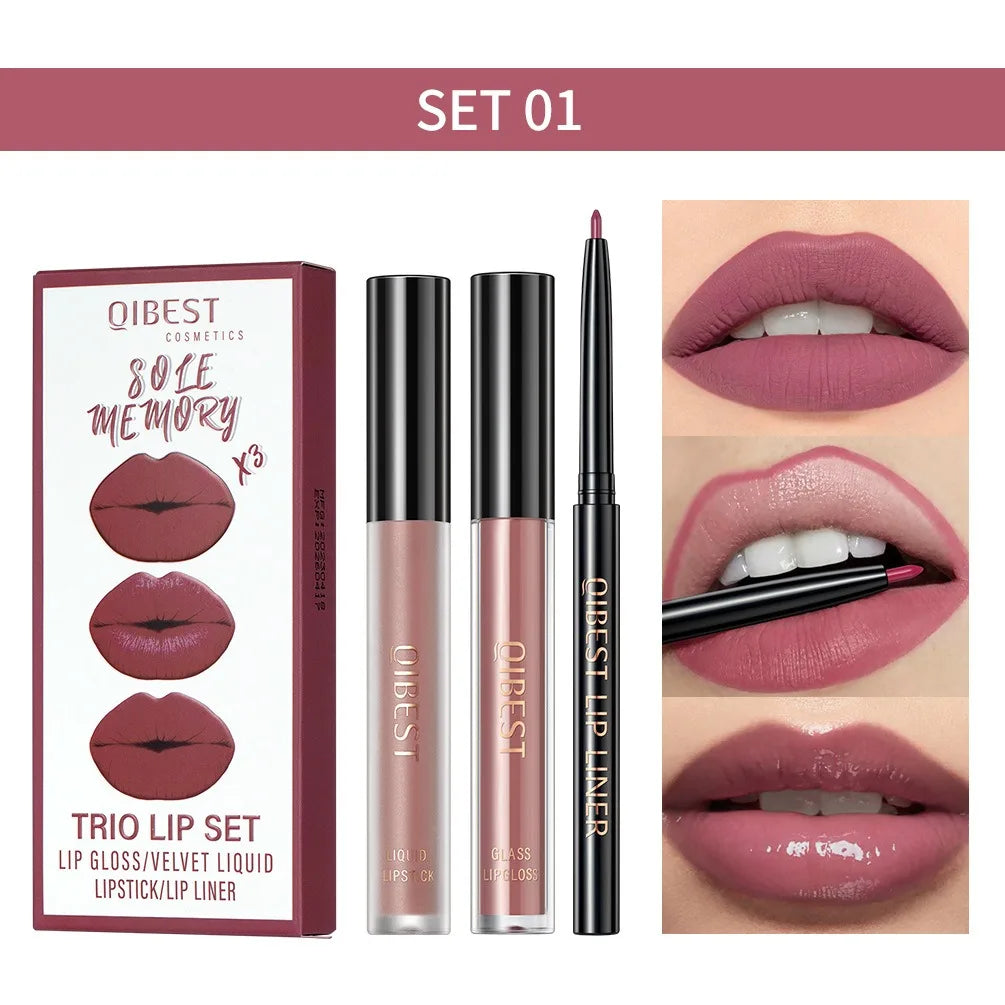 3pcs Matte Liquid Lipstick+Lip Liner Set Lip Glaze Makeup Nude Black Red Velvet Lip Gloss Long Lasting Lip Tint Cosmetics Kits Pi-Mart