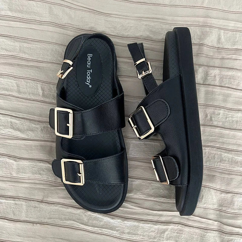 BeauToday Casual Sandals Women Genuine Leather Metal Ankle Buckle Strap Summer Beach Ladies Low Heel Sport Shoes Handmade 38128 LadyShow.Store