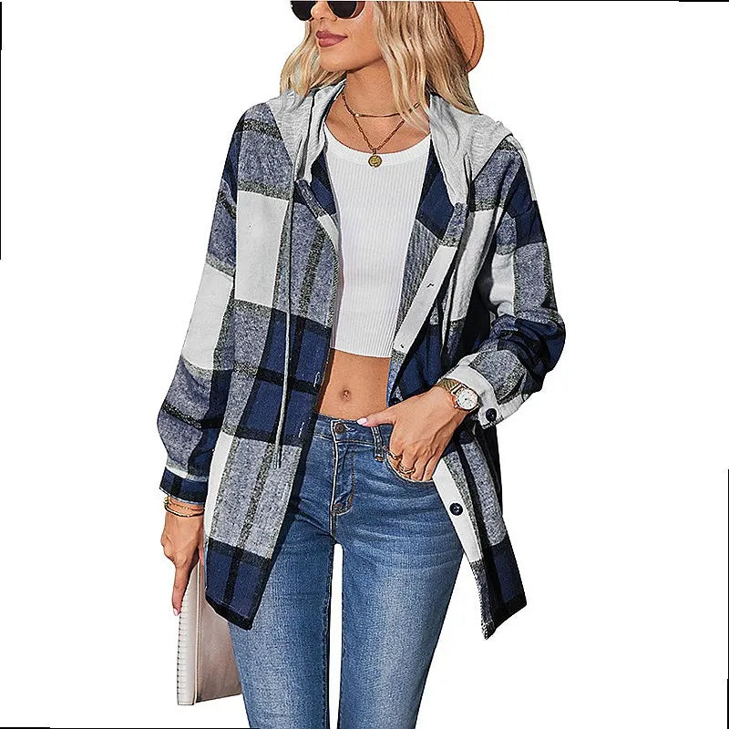 Women Hooded Plaid Wool Coat Blouse Top Spring Summer Fashion Outerwear Pi-Mart