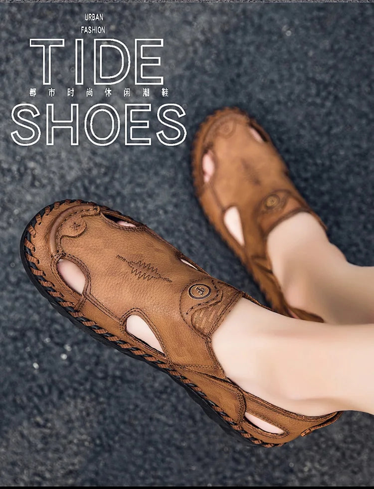 Summer Men Sandals Genuine Leather Mens Casual Shoes Outdoor Men Leather Sandals for Men Beach Shoes Roman mens Shoes Pi-Mart