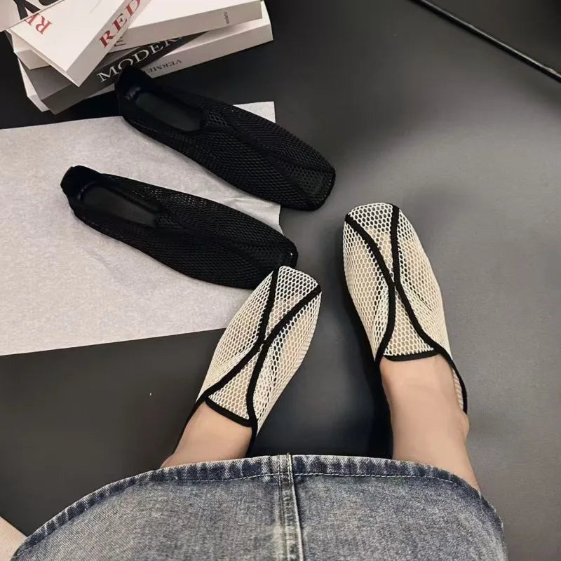 2026 Hollowed-out Mesh Sandals for Women - Summer One-Piece Square-Toe Flat Mary Jane Sandals LadyShow.Store