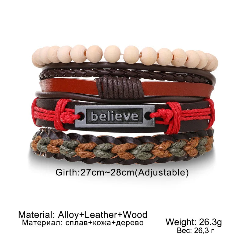 4Pcs/ Set Braided Wrap Leather Bracelets for Men Vintage Life Tree Rudder Charm Wood Beads Ethnic Tribal Wristband Rope Bracelet Pi-Mart