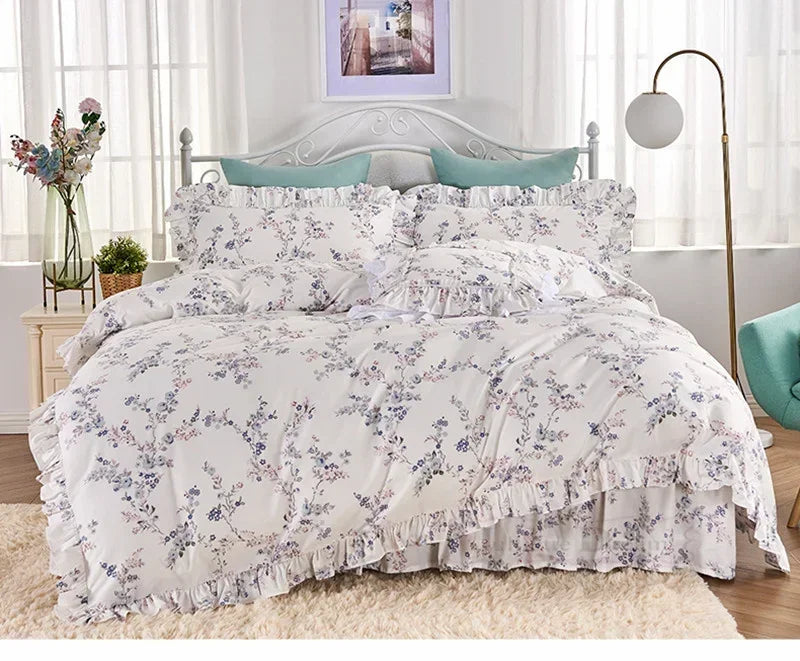 Garden Flower Print King Size Bedding Set Ruffle Duvet Cover Bed Sheet Princess Bed Linens Bedding Set Queen Comforter Sets LadyShow.Store