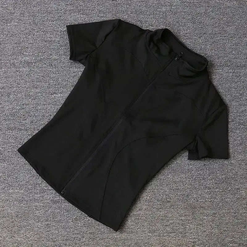Summer Solid Zipper Slimming Coat Women Short Sleeve Stand Collar Cycling Running Tops Female Gym Sports Workout Clothes Street LadyShow.Store