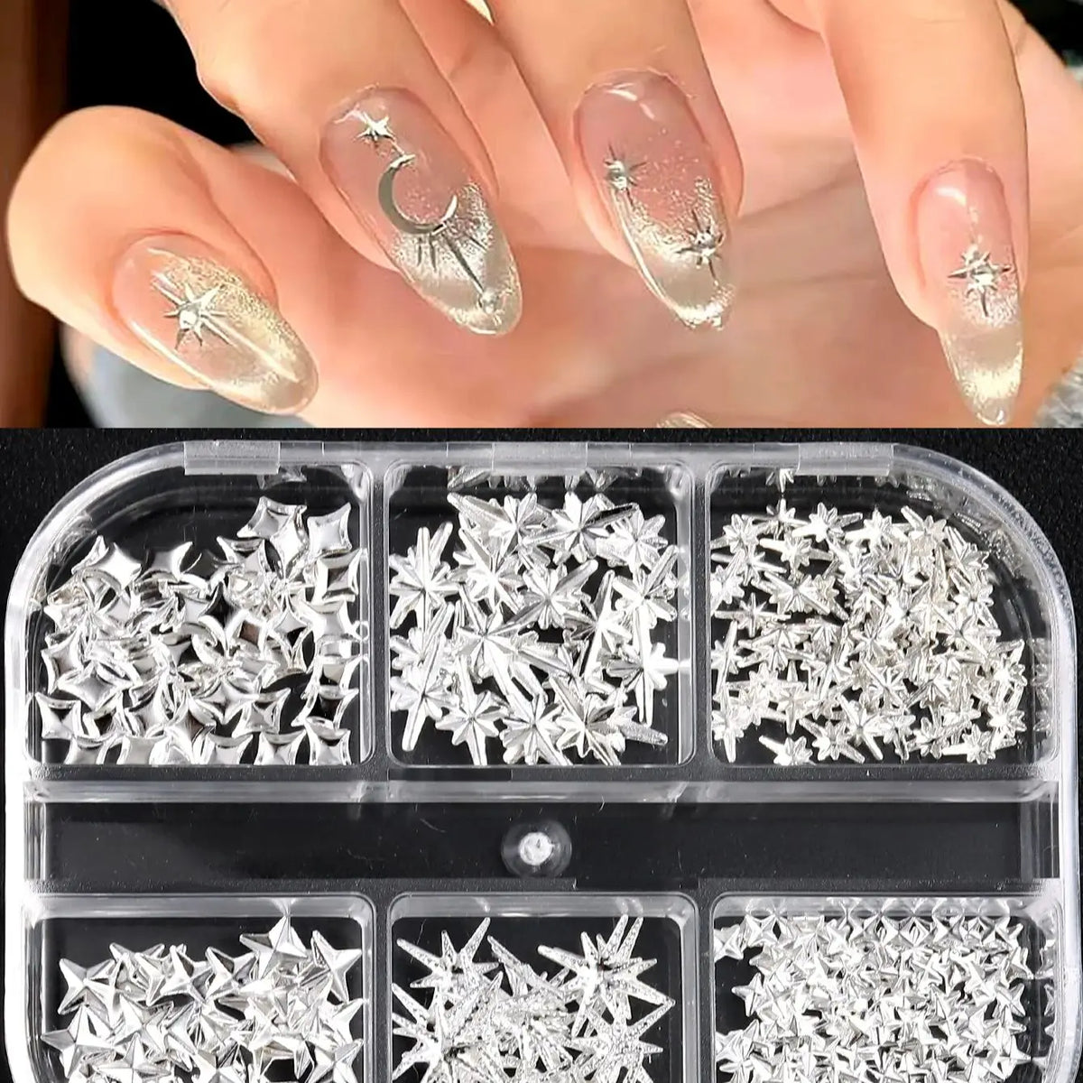 6/12Grids Gold Star Moon Metallic Rivet 3D Nail Charms Alloy Sun Moon Starlight Rhinestones Nail Studs For Nail Art Decoration Pi-Mart