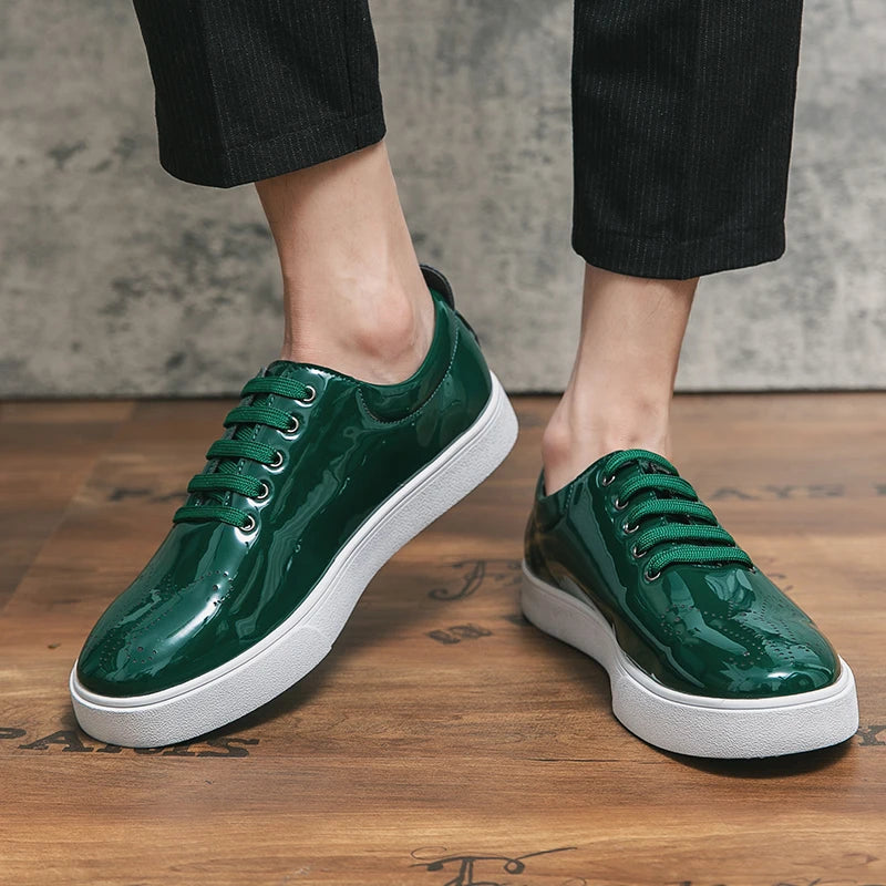 Spring Autumn Leather Shoes High Quality Patent Leather Casual Shoes Lace Up Sneakers Green Fashion Sole Designer Leather Shoes Pi-Mart
