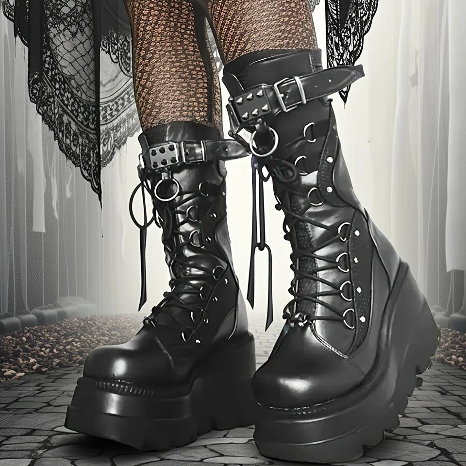 Brand New Ladies Goth Platform Boots Fashion Rivet Buckle Punk Wedges High Heels women's Boots Party Street Cosplay Woman Shoes Pi-Mart