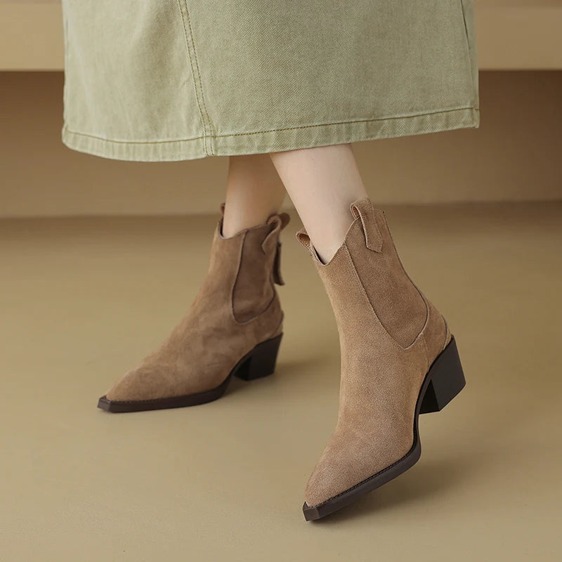 2025 Autumn Winter Trend Cow Suede Women Western Boots Black Brown Khaki Purple Green Burgundy Pointed Toe Ladies Ankle Boots Pi-Mart
