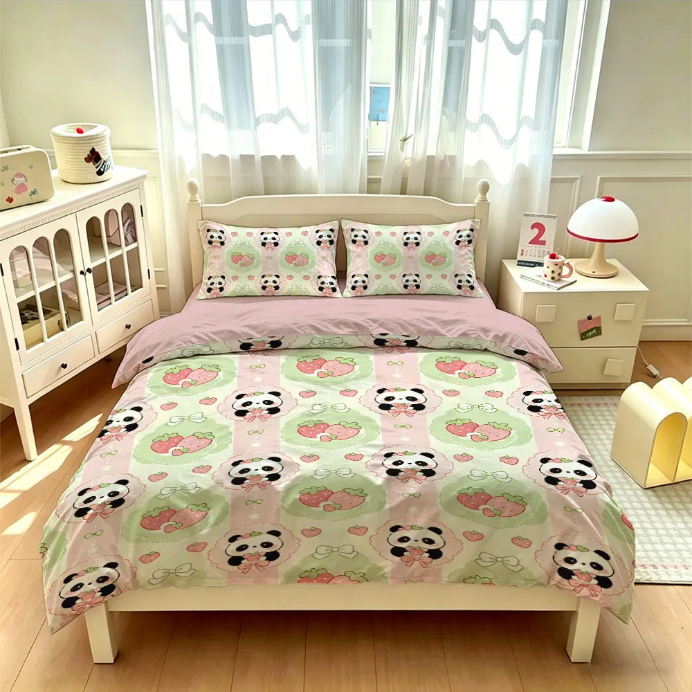 3pcs Cartoon Panda Print Coreless Duvet Cover Cool Summer Lightweight Bedding Set Multi Size Bedroom Bedding Decoration Pi-Mart