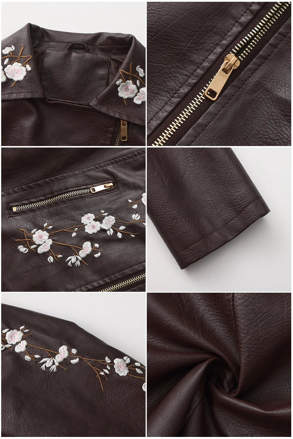 New Fall Women's Black Faux Leather Jacket; White Floral Embroidered PU Coat; Dark Brown Motorcycle-style Top. Pi-Mart