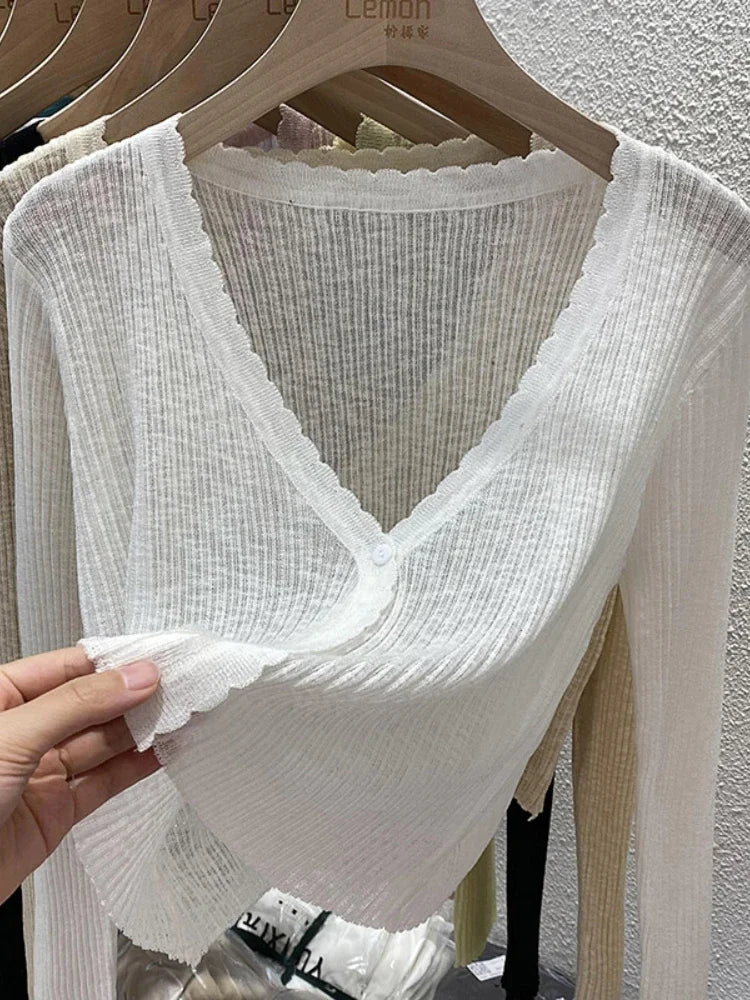 Summer Short Ice Silk Knitted Sun Protection Cardigan Women's Thin Suspender Skirt Layered Gauze Jacket Air-conditioned Cover Up LadyShow.Store