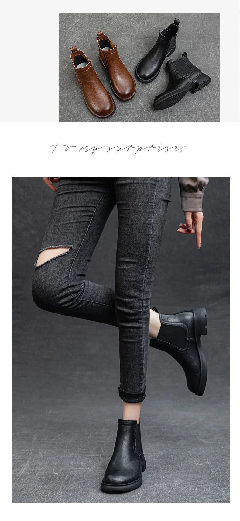 DRKANOL Fashion Women Thick Heel Ankle Boots Autumn Winter Warm Shoes Round Toe Real Cowhide British Style Slip On Chimney Boots Pi-Mart