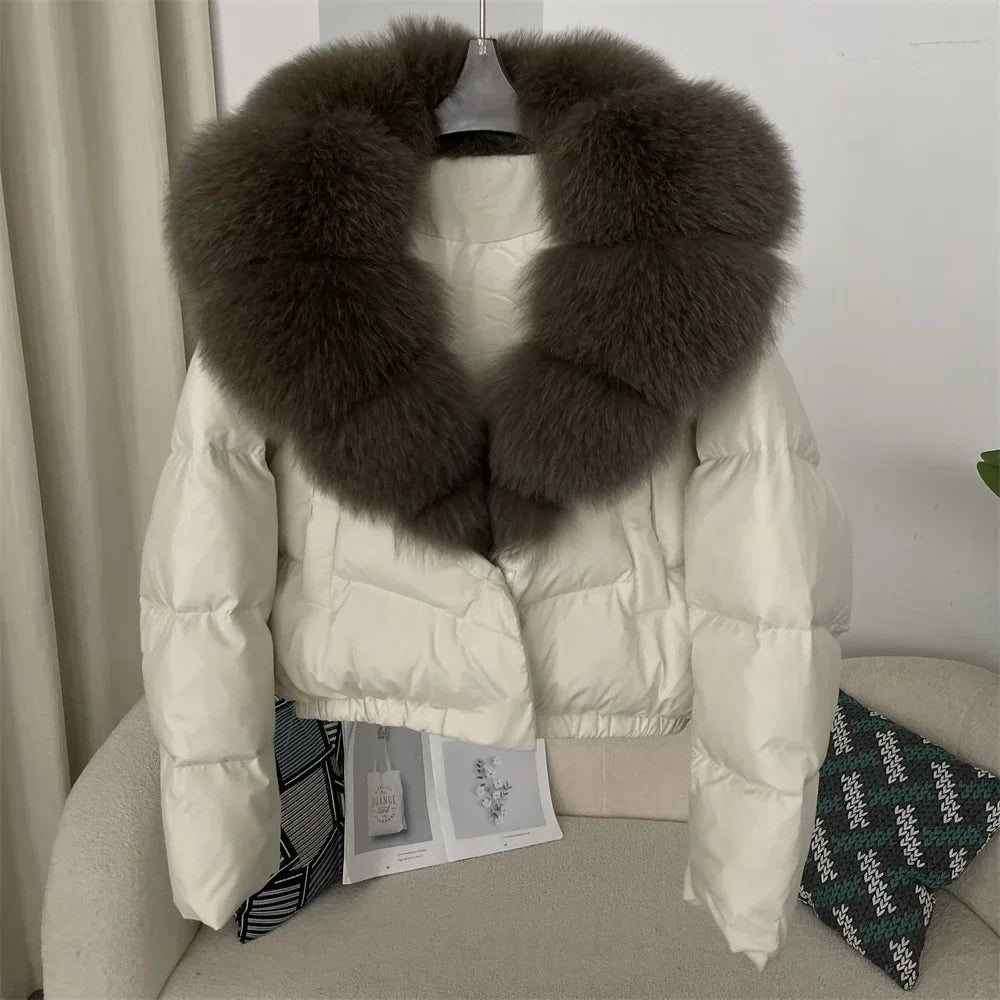 Down Jacket Women Short Puffer Jacket Thick New Big Natural Real Fox Fur Coat  Autumn Winter Female White Duck Down Coat Feather LadyShow.Store