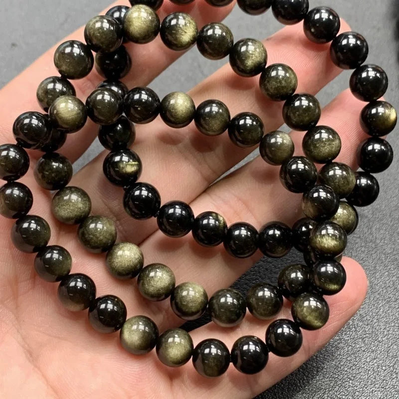 Natural Golden Obsidian Stone Beads Bracelet Men Women Golden Light Rainbow Obsidian Raw Stone Round Bead Natural Energy Jewelry Pi-Mart