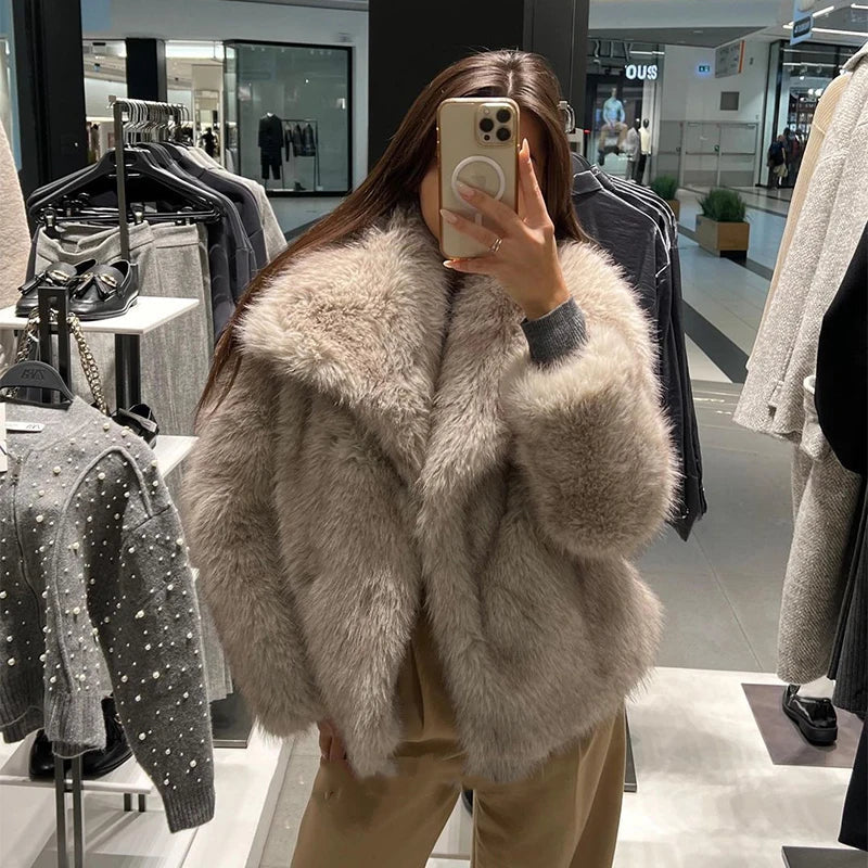 2024 Winter New Fashion Gradient Fluffy Fur Coat Women High Street Luxury Big Fur Collar Faux Fox Fur Jacket Female Overcoats LadyShow.Store