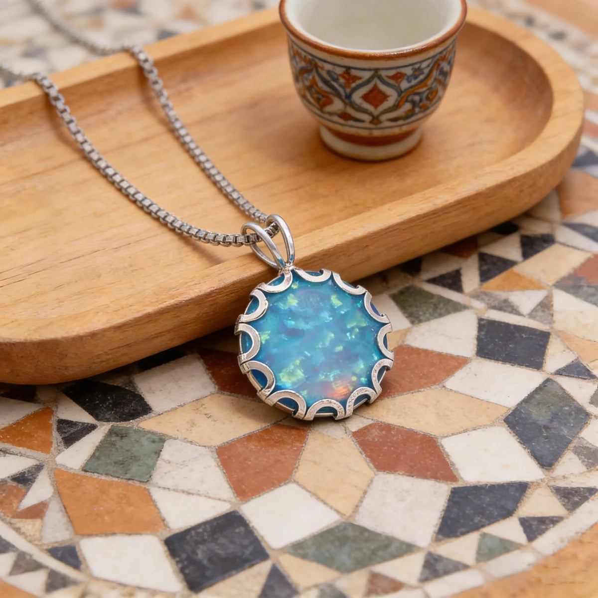 Wave Frame Opal Pendant Necklace,Round Blue Green Opal with Red Fire,White K Plated Floral Jewelry,Dainty Charms Gift for Women Pi-Mart