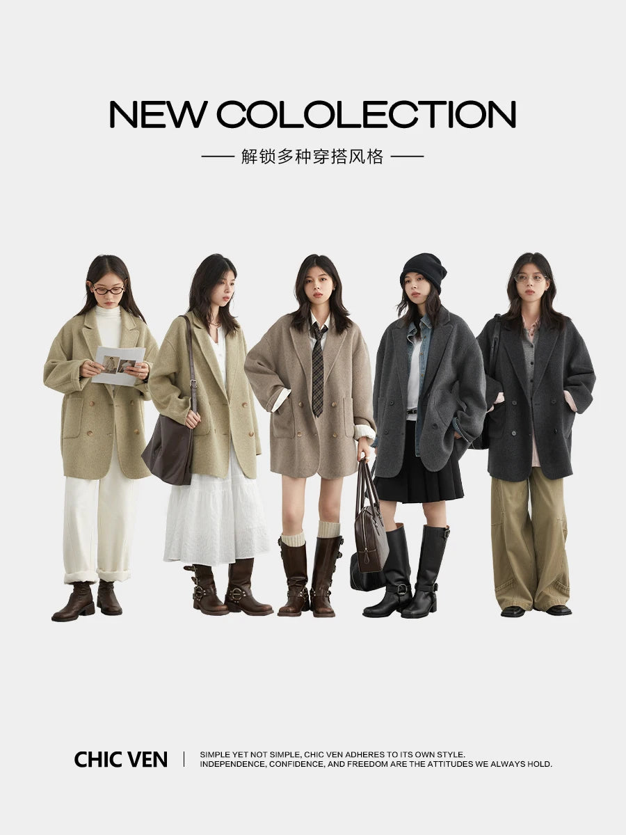 CHIC VEN New Women Woolen Coat Loose Solid Mid-length Double-sided Oversized Office Ladies Jackets Outerwear Autumn Winter 2026 Pi-Mart
