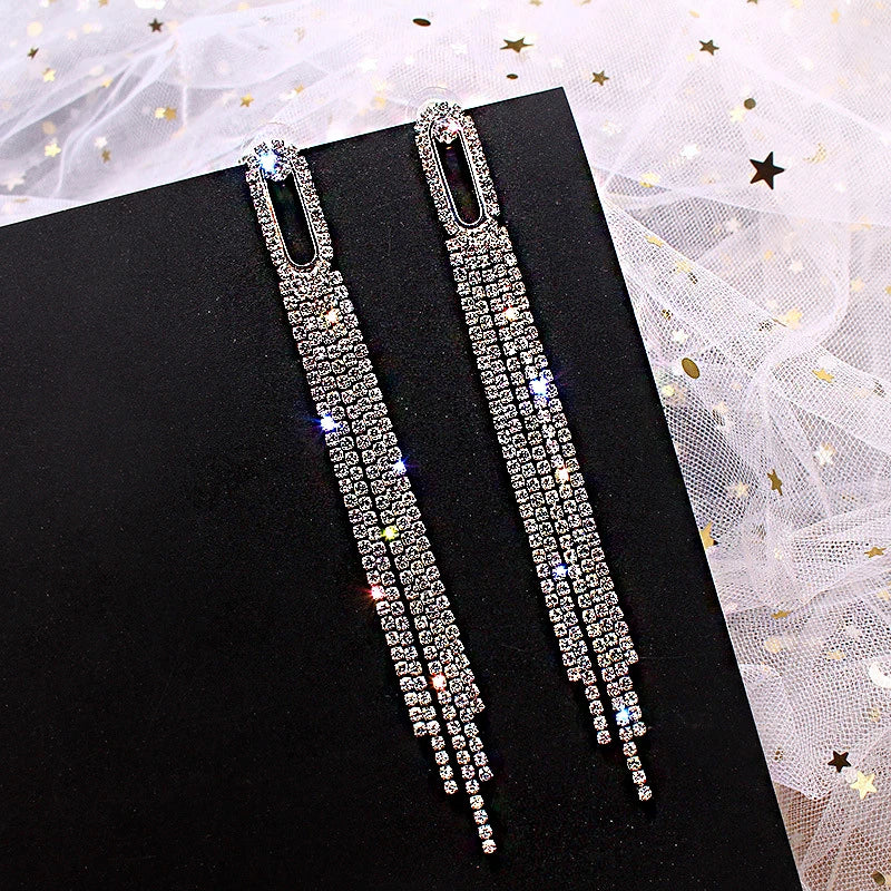 Shiny Crystal Zircon Long Stud Earrings for Women Geometric Hanging Drop Tassel Earring Fashion Party Vintage Pendant Jewelry Pi-Mart