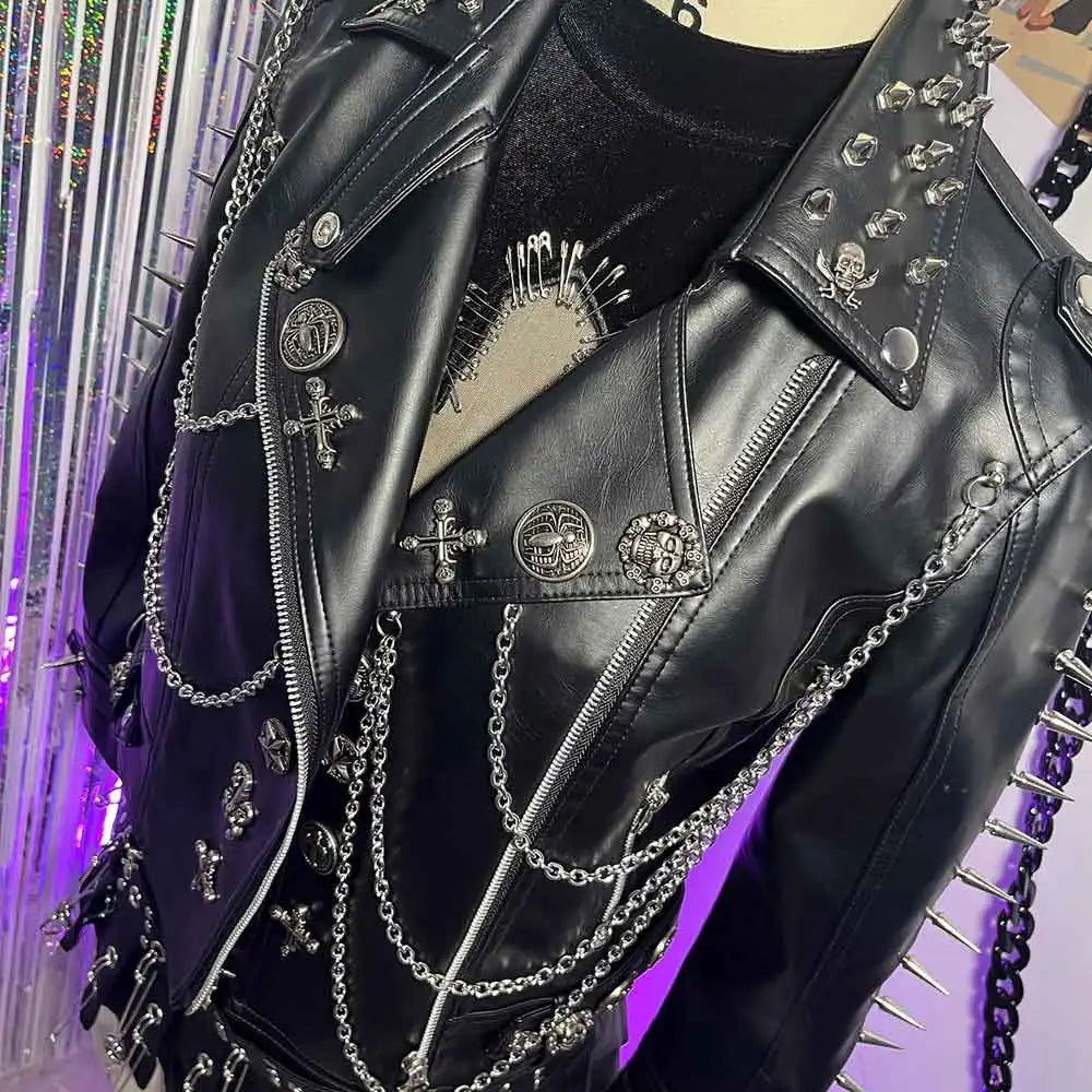 Gothic E-Girls Skull PU Leather Jacket Y2K Trendy Punk Rock Harajuku Chain Cross Street Wear Digital Glitch Core Club Goth Pi-Mart