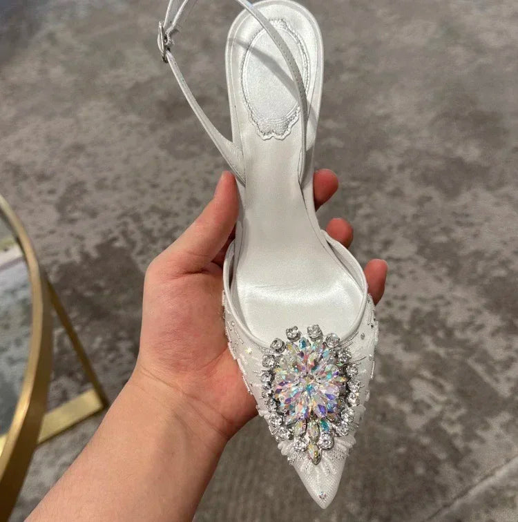 White Wedding Shoes, Rhinestone Pointed Crystal Toe Sandals, New High-heeled Shoes, Sexy Single Shoes Pi-Mart