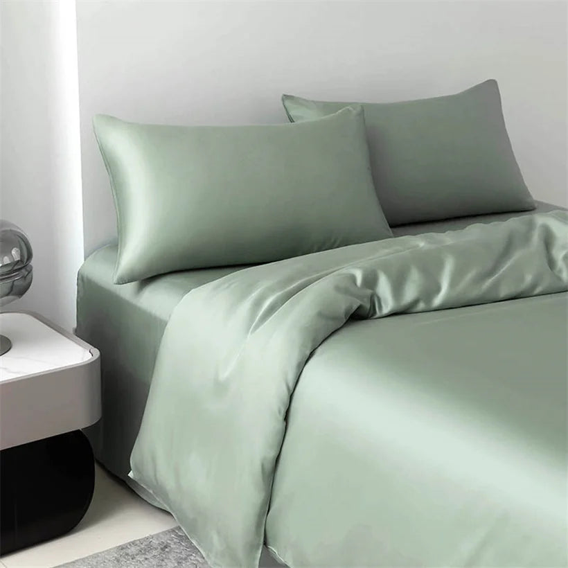 100% Mulberry Silk Bedding Set High End Silk Bed Sheets Set Luxury Smooth Duvet Cover Set Single Double Queen King Size Bedsheet LadyShow.Store