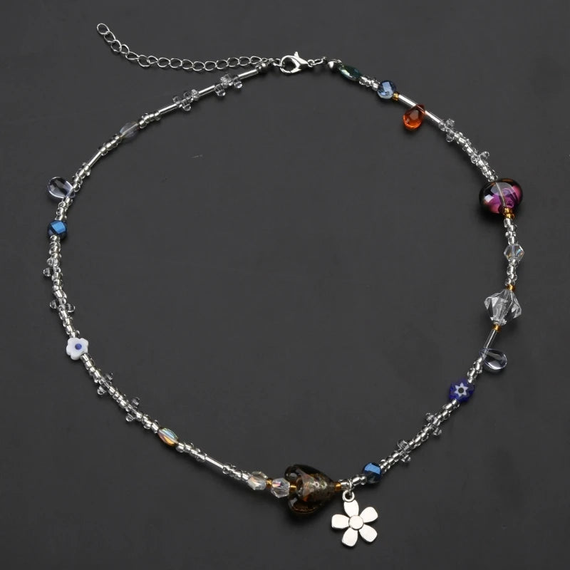 Acrylic Flower Pendant Necklace Crystal Class Gravel Beaded Necklace For Women Cool Y2K Choker Jewelry Exquisite Choker Pi-Mart