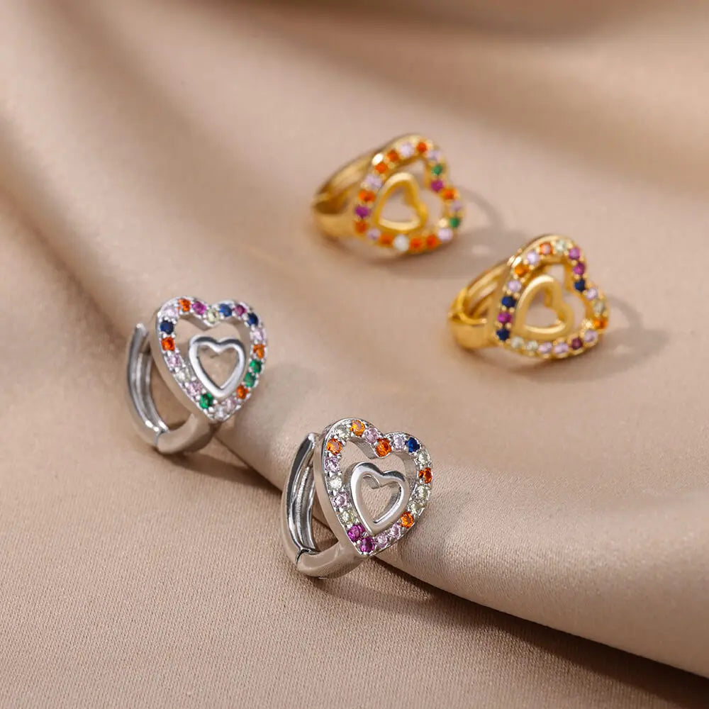 Hollow Zircon Heart Earrings For Women Stainless Steel Gold Color Heart Earring Luxury Wedding Couple Jewelry Gift Free Shipping Pi-Mart