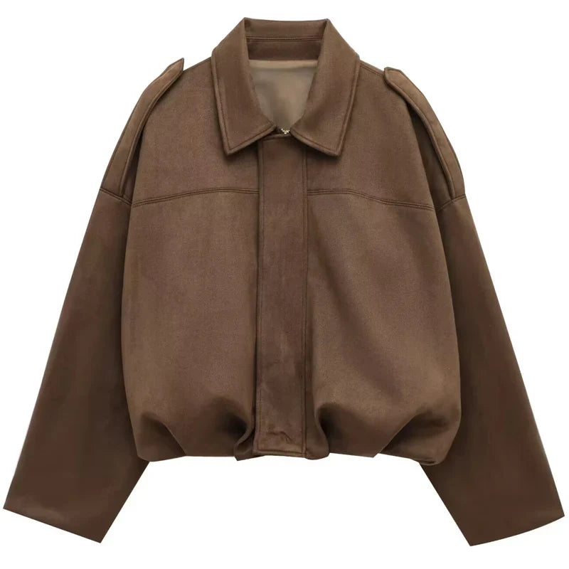 HXAO Suede Cropped Jacket Women's Bomber Jacket Oversized Batwing Sleeves Outerwears Lady Casual Loose Coat Street Style Jackets LadyShow.Store
