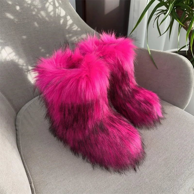 New Winter Fur Onepiece Raccoon Fur Female Snow Boots Fur Shoes Outdoor Mid Leg Boots LadyShow.Store