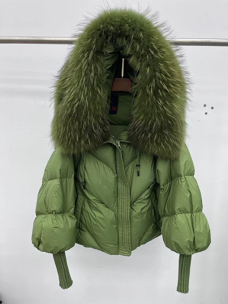 Women Winter Goose Down Jackets Real Fox Fur Collar Hooded Thick Natural Raccoon Fur Female Outwear Warm Loose Puffer Coats LadyShow.Store
