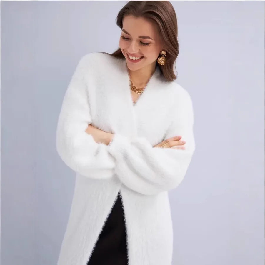 Autumn and winter loose and lazy style open knit coat, thick knee length imitation mink fur long sleeved sweater, warm jacket LadyShow.Store