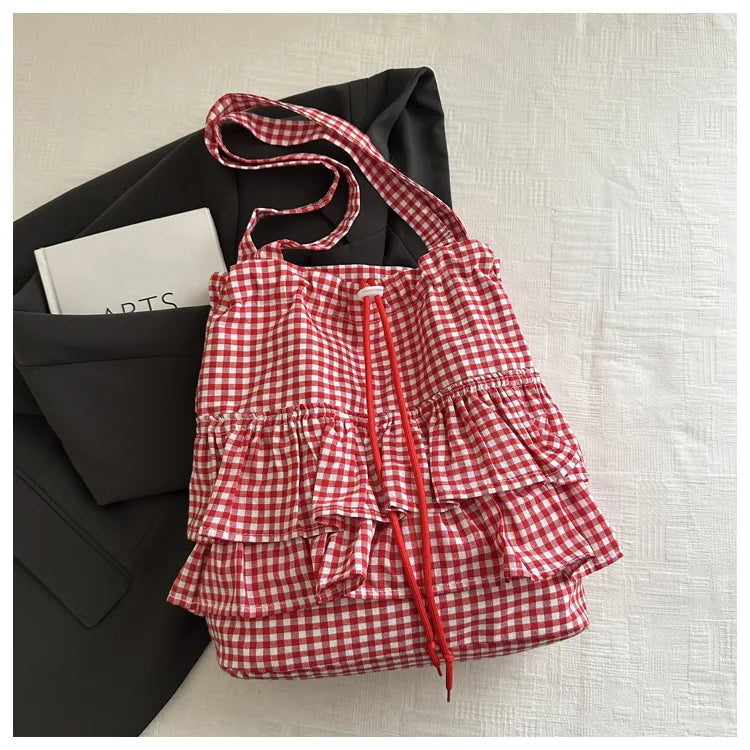 Large Capaci Cute Plaid Cotton Tote Bag  Lace Trim Women's Summer 2025 Simple Lady Handbag Soft Shoulder Bags Bolsa Feminina Pi-Mart