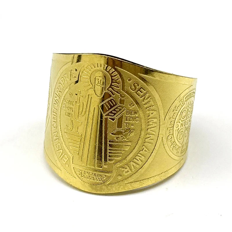 Catholic Saint Benedict Medallion Adjustable Rings for Women Men Stainless Steel Open Finger Ring Amulet Jewelry San Benito Pi-Mart