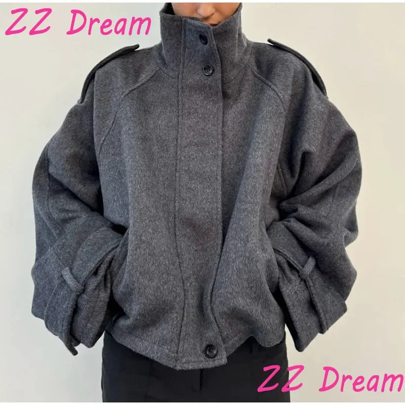 Fashion Short Woolen Coat For Women Stand Collar Full Sleeve Loose Zipper Jacket Female 2025 Spring Autumn Solid Lady Outwear LadyShow.Store