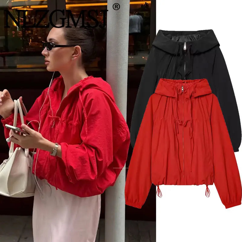 Nlzgmsj 2026 Spring Casual Hoodie Red Jackets Women Long Sleeve Zipper Short Coats Fashion Y2K Girl Outwears Pi-Mart