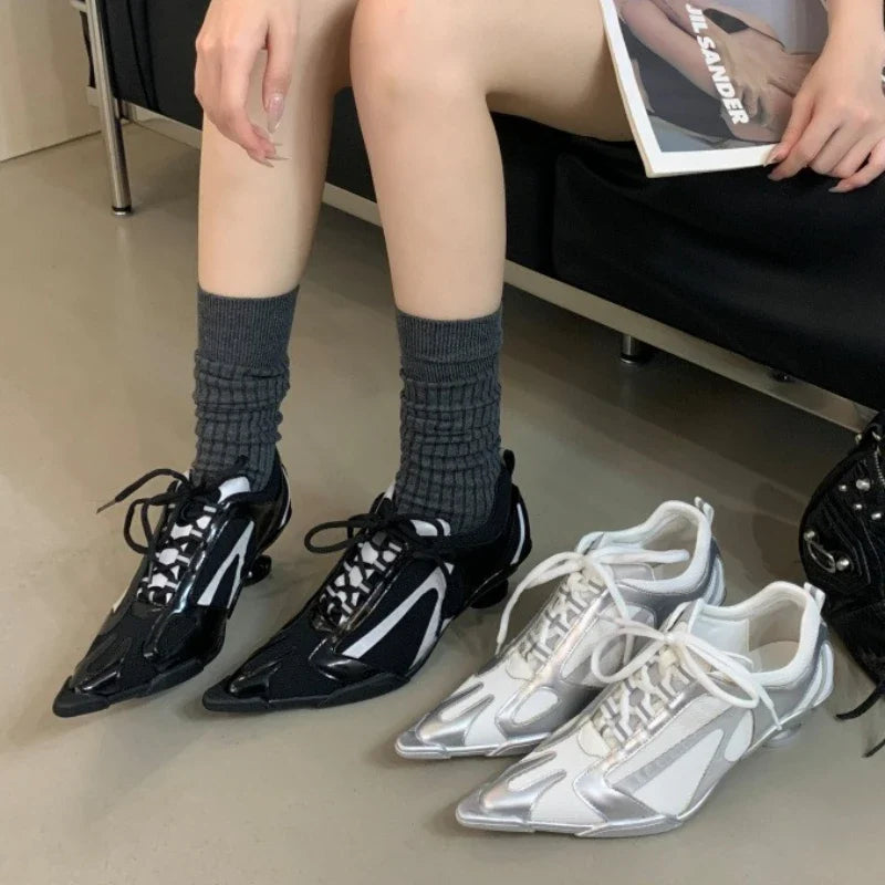 Silver Lace-up Sports Heels Women Fashions Pointed Toe Strange Style Mesh Sneakers Elegant Punk Shoes Female Luxury Brands Pumps LadyShow.Store
