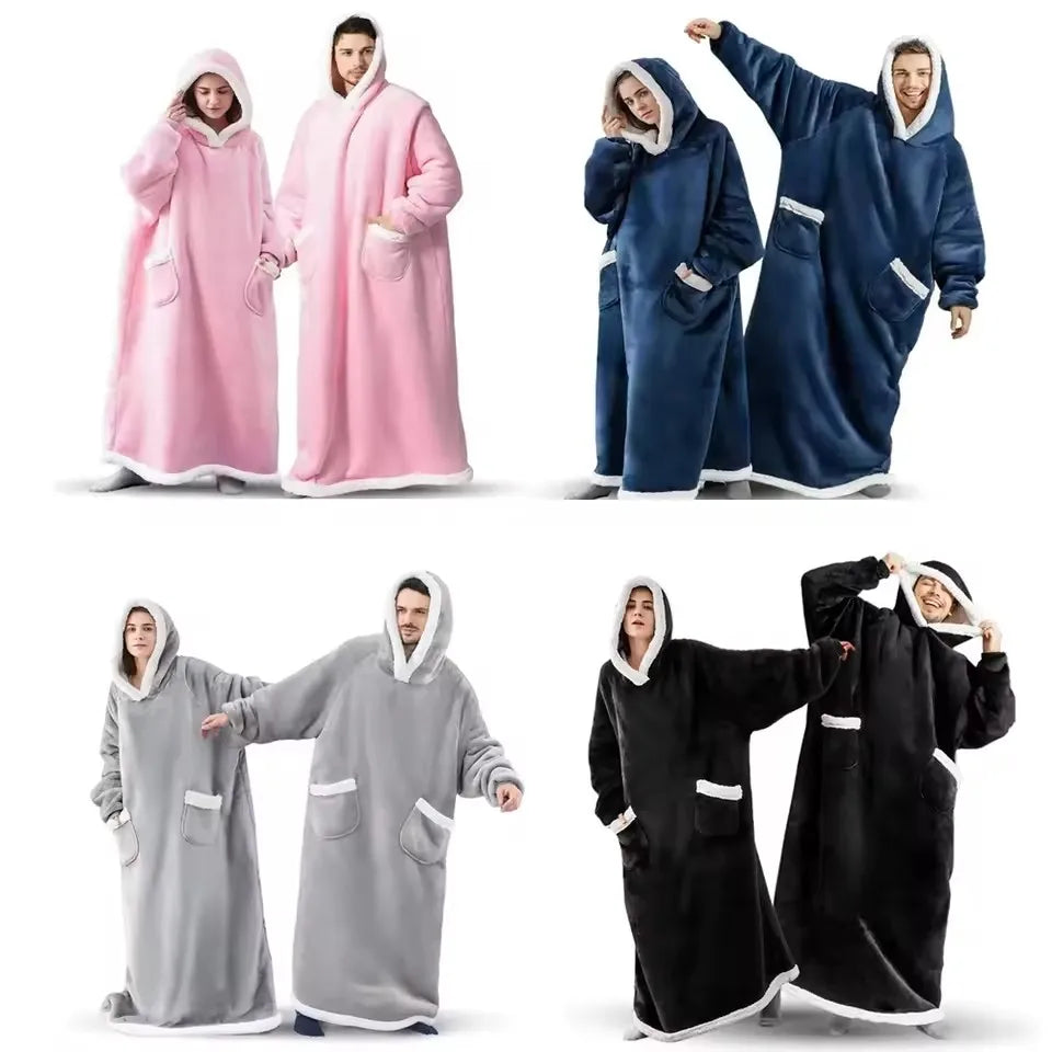 180cm Super Long Flannel Blanket Pyjamas with Sleeves Winter Hoodies Sweatshirt Women Men Pullover Fleece Giant Oversized Outdoo Pi-Mart