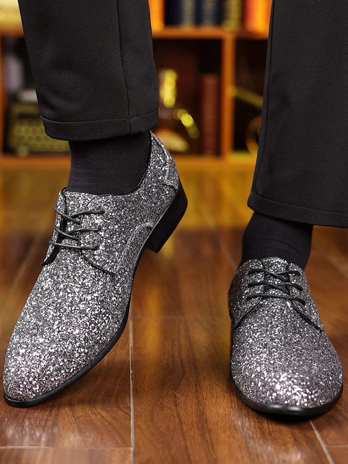 Luxury Men Dress Shoes Gold Silver Sequin Wedding Shoes High Quality Lace-Up  Oxford Shoes Fashion Designer Men Flats Large Size Pi-Mart