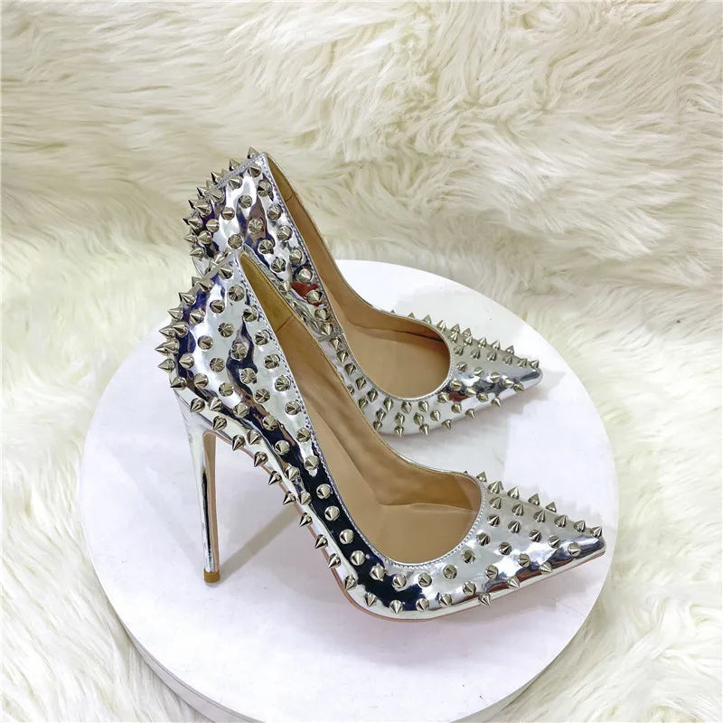 Women New Rivet High Heels 12CM Fashion Pointed Toe Party Single Shoes Europe And America Club Stage Pumps Silver Plus Size 43 Pi-Mart
